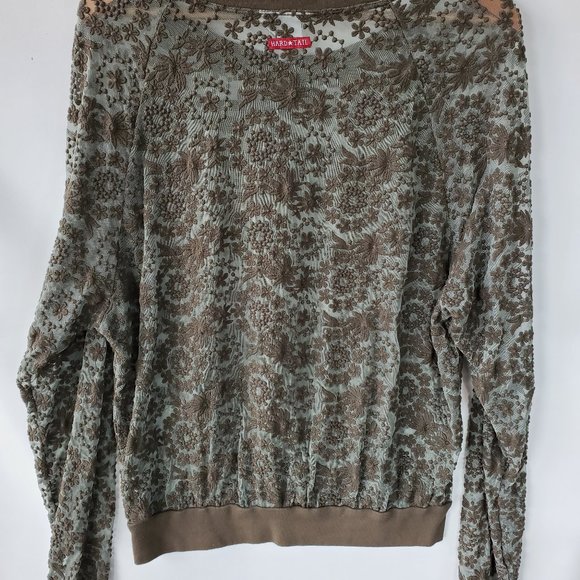 Hard Tail Sheer Lace Raglan Pullover, Army Green Top, USA, Floral $145 - Picture 10 of 11